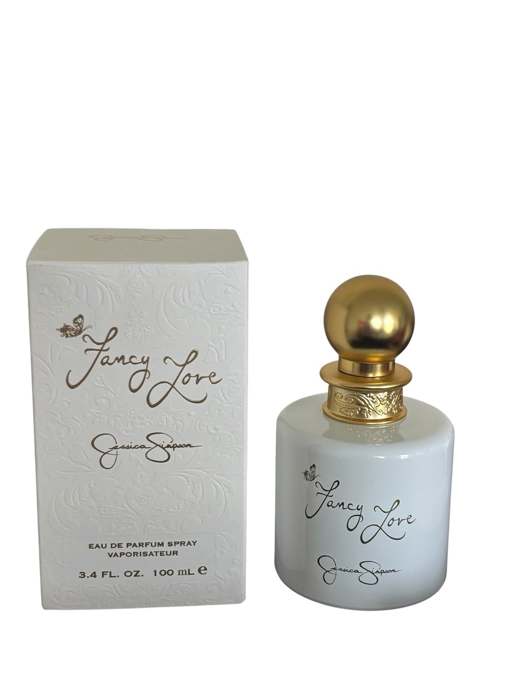 NEW IN BOX Jessica Simpson Fancy Love White and Gold Perfume Bottle